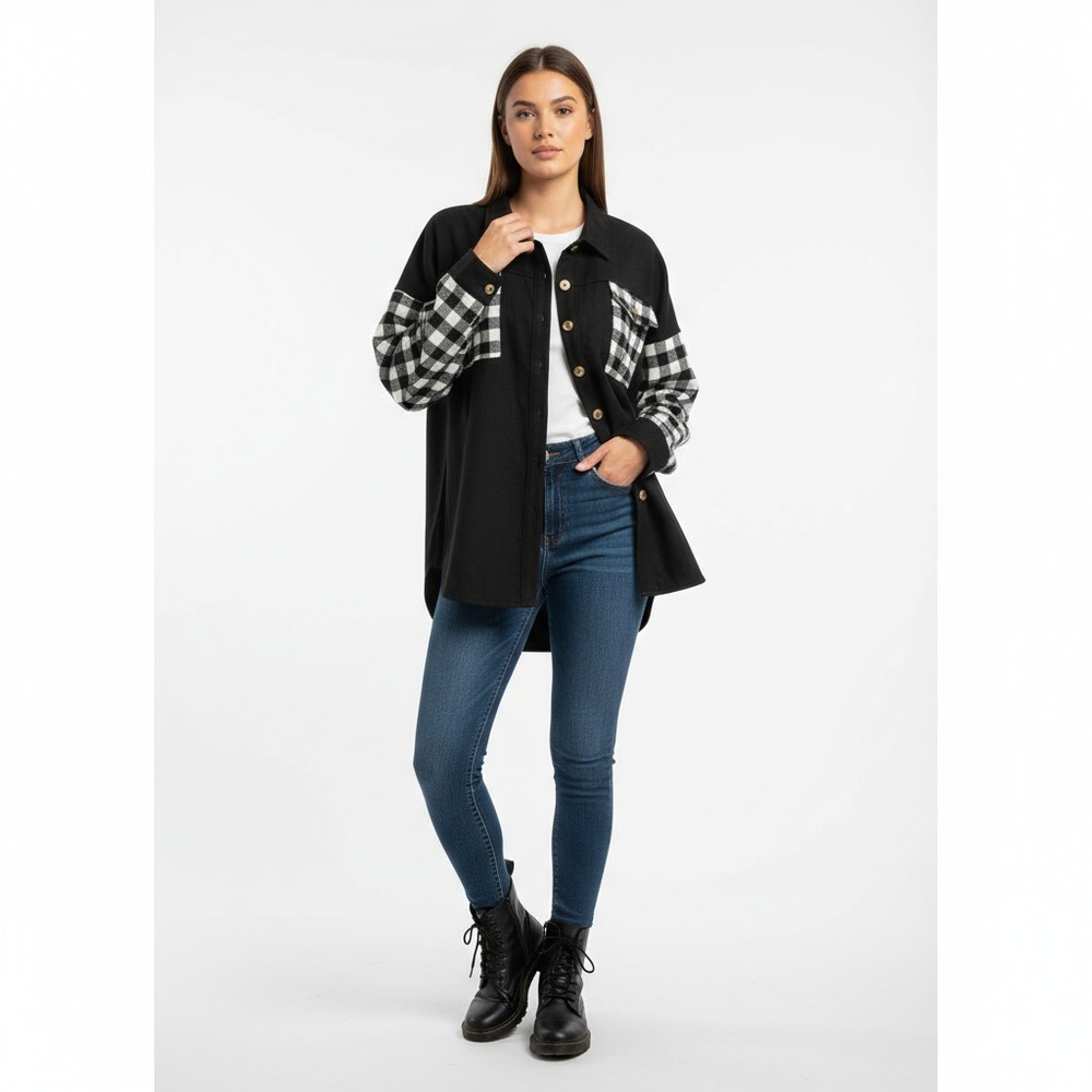 Haptics Womens Black Plaid Oversized Flannel Patches Button Down Shirt Jacket 1X